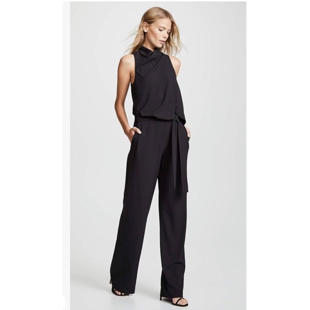 Halston Heritage Sleeveless Cowl Neck Flowy Wide Leg Jumpsuit Black Tie size 0